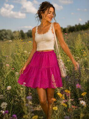 American Eagle Outfitters Fuchsia Eyelet Tiered Mini Skirt